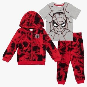 Red & Black Tie-Dye Spider-Man Hoodie + Jogger Set